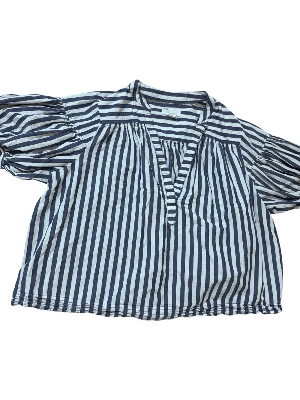 Anthropologie Navy & White Striped V-Neck Puff Sleeve Blouse